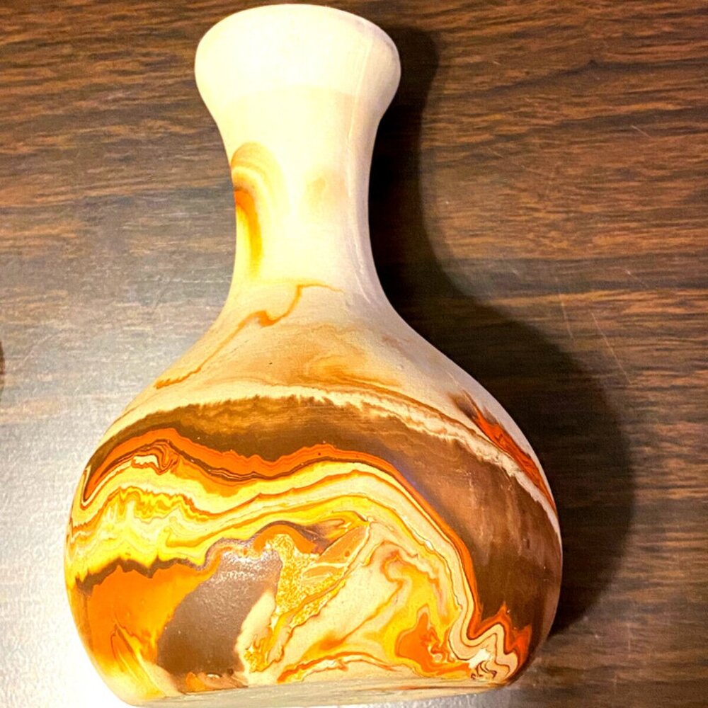 Nemadji Pottery Vintage Indian USA Swirl Handmade 6" Vase Orange, Brown, Gold